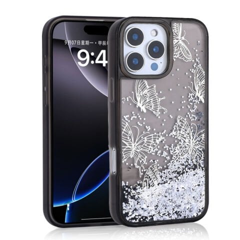 Apple iPhone 16 Pro Kılıf Sıvılı Simli Kelebek Baskılı Şeffaf Arka Yüzey Patinda Glis Silikon Kapak