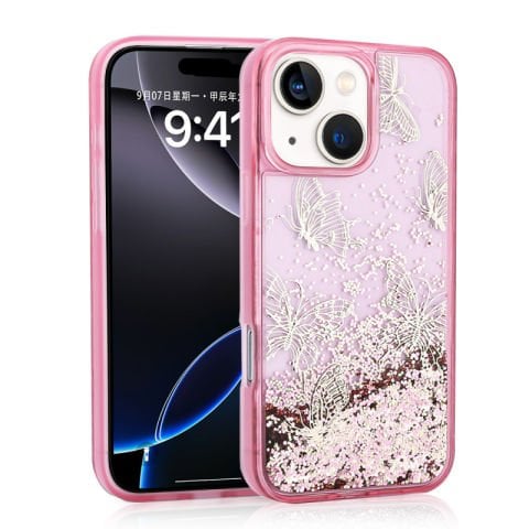 Apple iPhone 15 Kılıf Sıvılı Simli Kelebek Baskılı Şeffaf Arka Yüzey Patinda Glis Silikon Kapak