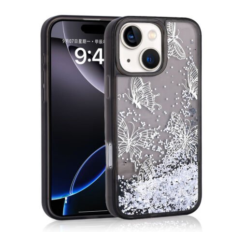 Apple iPhone 14 Kılıf Sıvılı Simli Kelebek Baskılı Şeffaf Arka Yüzey Patinda Glis Silikon Kapak
