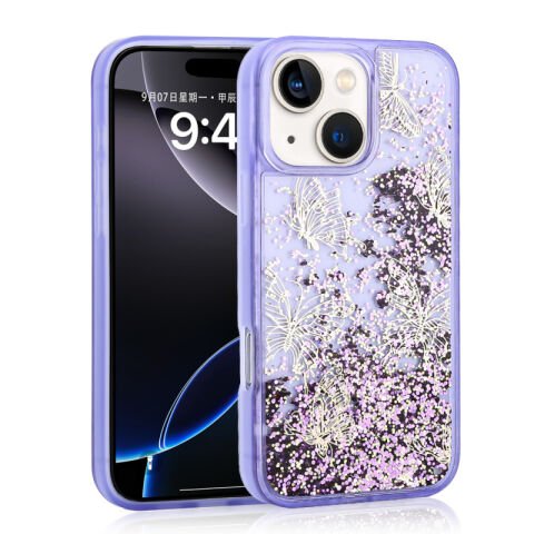 Apple iPhone 14 Kılıf Sıvılı Simli Kelebek Baskılı Şeffaf Arka Yüzey Patinda Glis Silikon Kapak