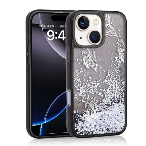 Apple iPhone 13 Kılıf Sıvılı Simli Kelebek Baskılı Şeffaf Arka Yüzey Patinda Glis Silikon Kapak