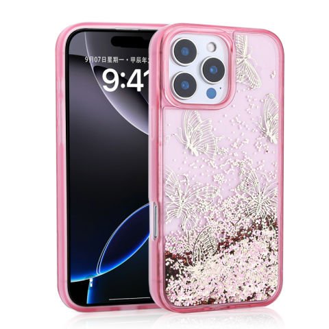Apple iPhone 12 Pro Kılıf Sıvılı Simli Kelebek Baskılı Şeffaf Arka Yüzey Patinda Glis Silikon Kapak