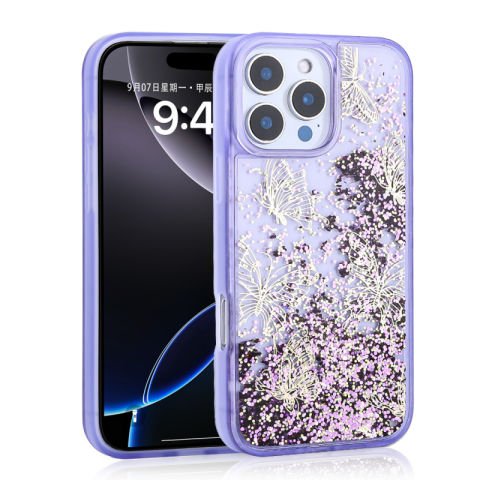 Apple iPhone 12 Pro Kılıf Sıvılı Simli Kelebek Baskılı Şeffaf Arka Yüzey Patinda Glis Silikon Kapak