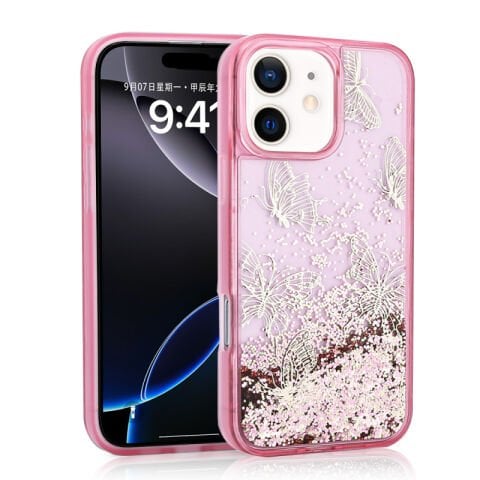 Apple iPhone 12 Kılıf Sıvılı Simli Kelebek Baskılı Şeffaf Arka Yüzey Patinda Glis Silikon Kapak