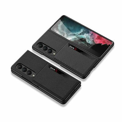 Galaxy Z Fold 4 Kılıf Karbonfiber Arka Yüzey Patinda Kartlıklı Kıpta Silikon Kapak