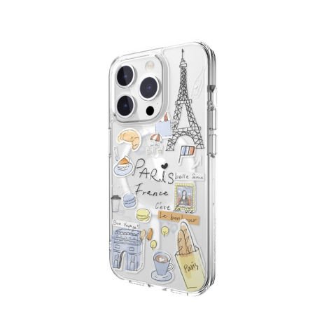 Apple iPhone 15 Pro Kılıf Magsafe Şarj Özellikli Çizim Desenli Şok Önleyicili Şeffaf Lisanslı Switcheasy City-M Paris Kapak