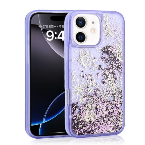 Apple iPhone 11 Kılıf Sıvılı Simli Kelebek Baskılı Şeffaf Arka Yüzey Patinda Glis Silikon Kapak