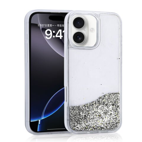 Apple iPhone 16 Kılıf Sıvılı Simli Şeffaf Arka Yüzey Patinda Keto Silikon Kapak