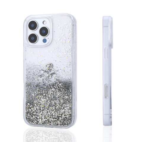 Apple iPhone 15 Pro Max Kılıf Sıvılı Simli Şeffaf Arka Yüzey Patinda Keto Silikon Kapak