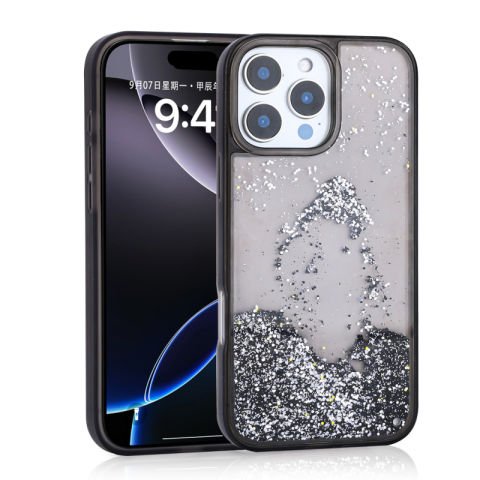 Apple iPhone 15 Pro Max Kılıf Sıvılı Simli Şeffaf Arka Yüzey Patinda Keto Silikon Kapak