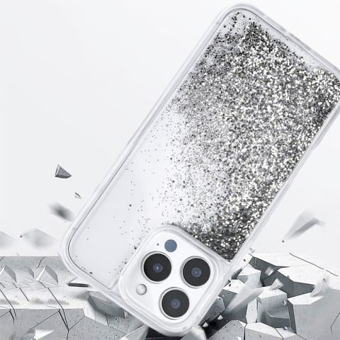 Apple iPhone 15 Pro Max Kılıf Sıvılı Simli Şeffaf Arka Yüzey Patinda Keto Silikon Kapak
