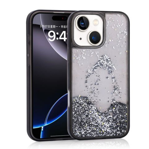Apple iPhone 15 Kılıf Sıvılı Simli Şeffaf Arka Yüzey Patinda Keto Silikon Kapak