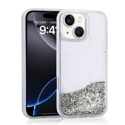 Apple iPhone 14 Kılıf Sıvılı Simli Şeffaf Arka Yüzey Patinda Keto Silikon Kapak