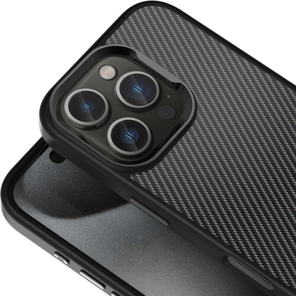 Apple iPhone 16 Pro Max Kılıf Karbon Fiber Görünümlü Parlak Kamera Çerçeveli Venus Kapak