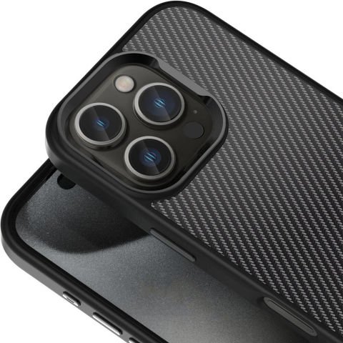 Apple iPhone 16 Pro Max Kılıf Karbon Fiber Görünümlü Parlak Kamera Çerçeveli Venus Kapak