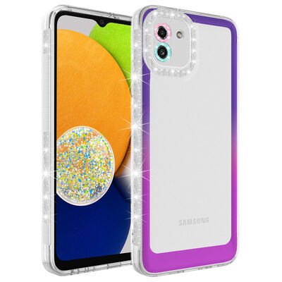 Galaxy A03 Kılıf Simli ve Renk Geçiş Tasarımlı Lens Korumalı Patinda Park Kapak