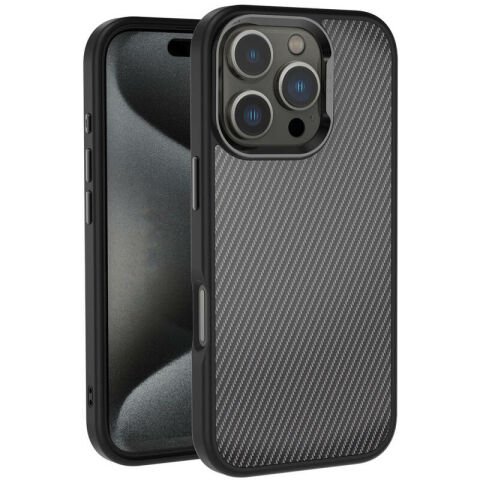 Apple iPhone 16 Pro Kılıf Karbon Fiber Görünümlü Parlak Kamera Çerçeveli Patinda Venus Kapak