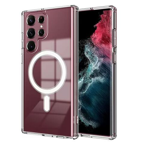 Galaxy S22 Ultra Kılıf Patinda Magsafe Şarj Özellikli Şeffaf Sert PC Patinda Embos Kapak