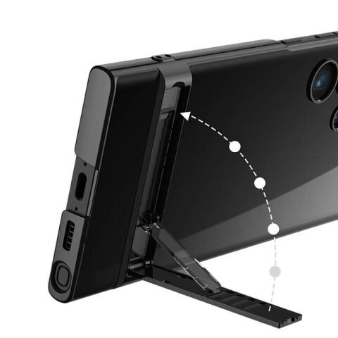 Galaxy S24 Ultra Kılıf Patinda Kamera Korumalı Şeffaf Dikey Standlı Ays Kapak