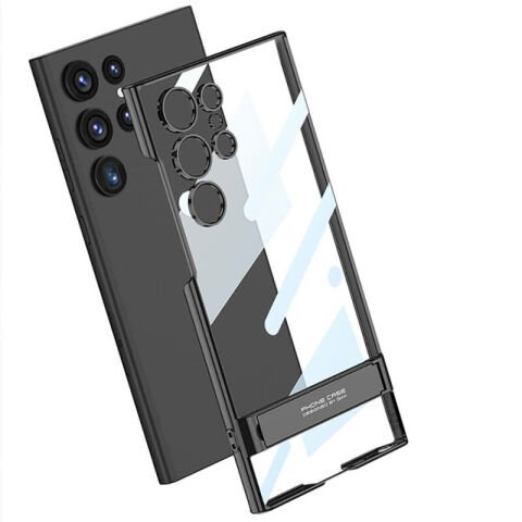 Galaxy S24 Ultra Kılıf Patinda Kamera Korumalı Şeffaf Dikey Standlı Ays Kapak
