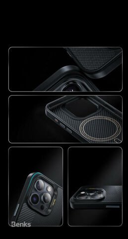 Apple iPhone 16 Pro Max Kılıf Magsafe Şarj Özellikli Karbon Fiber Benks Montage Hybrid ArmorPro Kevlar Kapak