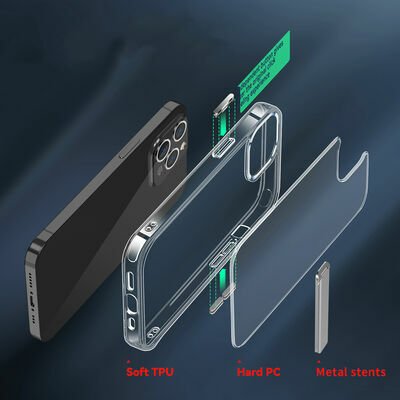 Apple iPhone 14 Pro Max Kılıf Standlı Şeffaf Silikon Patinda L-Stand Kapak