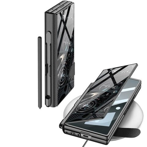 ?Galaxy Z Fold 6 Kılıf Kamera Korumalı Kartlıklı Kalem Bölmeli Patinda Kıpta Marble Drago Kılıf