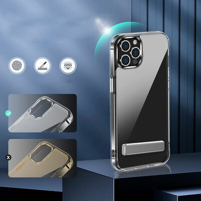 Apple iPhone 14 Pro Kılıf Standlı Şeffaf Silikon Patinda L-Stand Kapak