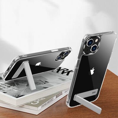 Apple iPhone 14 Kılıf Standlı Şeffaf Silikon Patinda L-Stand Kapak