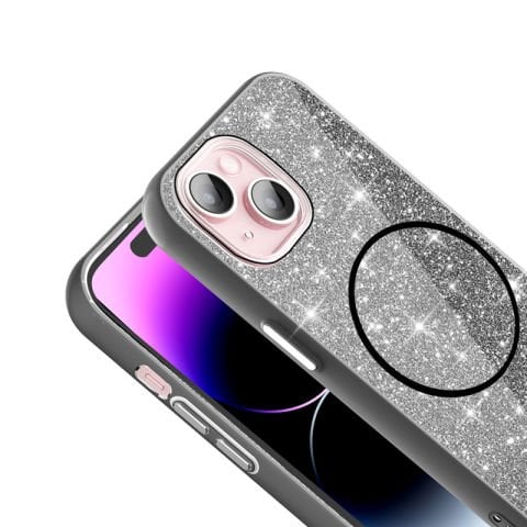Apple iPhone 15 Plus Kılıf Magsafe Şarj Özellikli Parlayan Simli Patinda Okso Kapak