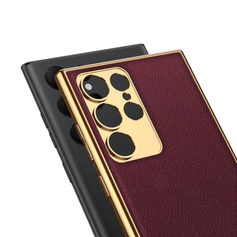 Galaxy S23 Ultra Kılıf Deri Görünümlü Kenarları Elektroplating Kaplama Patinda Fizyon Kapak