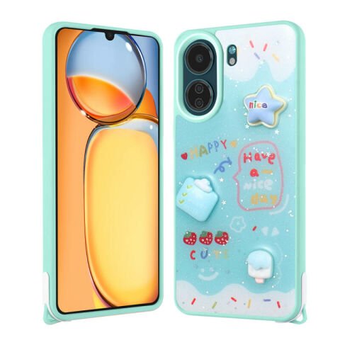 Xiaomi Poco C65 Kılıf Parlayan Simli Kabartma Figürlü Patinda Cevze Kapak