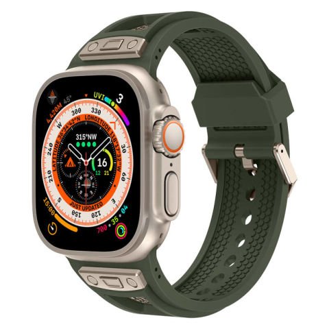 Apple Watch Ultra 49mm Patinda KRD-117 Hava Alabilen Delikli Metal Süslemeli Desenli Silikon Kordon