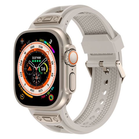 Apple Watch Ultra 49mm Patinda KRD-117 Hava Alabilen Delikli Metal Süslemeli Desenli Silikon Kordon