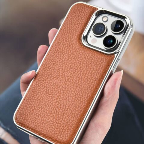 Apple iPhone 13 Pro Kılıf Wiwu Genuine Leather Silver Calfskin Orjinal Deri Kapak