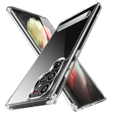 Galaxy S22 Ultra Kılıf Standlı Şeffaf Silikon Patinda L-Stand Kapak