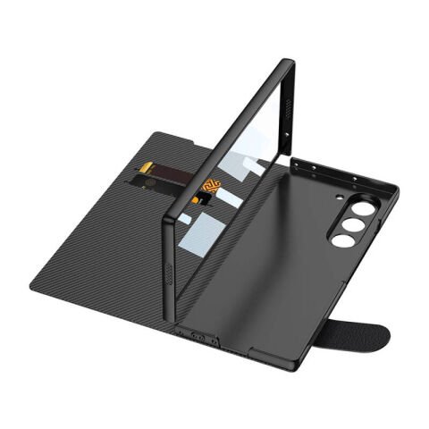 Galaxy Z Fold 6 Kılıf Karbon Fiber Tasarımlı Magnetik Tokalı Kartlıklı Patinda Kıpta Zegna Kapak