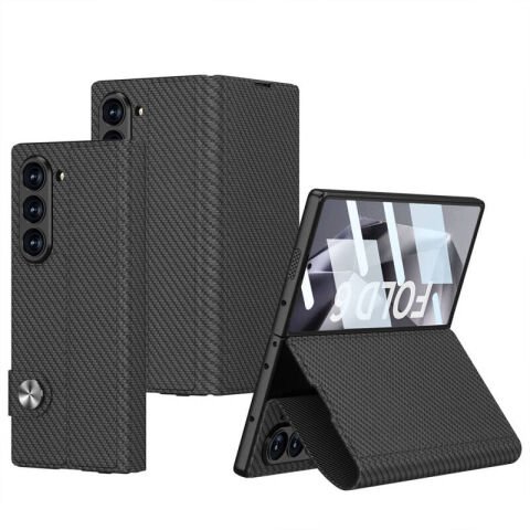 Galaxy Z Fold 6 Kılıf Karbon Fiber Tasarımlı Magnetik Tokalı Kartlıklı Patinda Kıpta Zegna Kapak