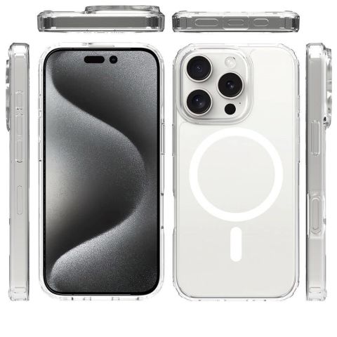 Apple iPhone 16 Pro Kılıf Magsafe Şarj Özellikli Şeffaf Sert PC Embos Kapak