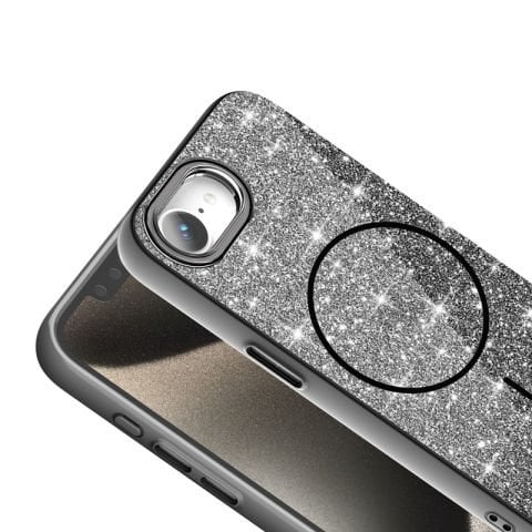 Apple iPhone 16E Kılıf Magsafe Şarj Özellikli Parlayan Simli Patinda Okso Kapak