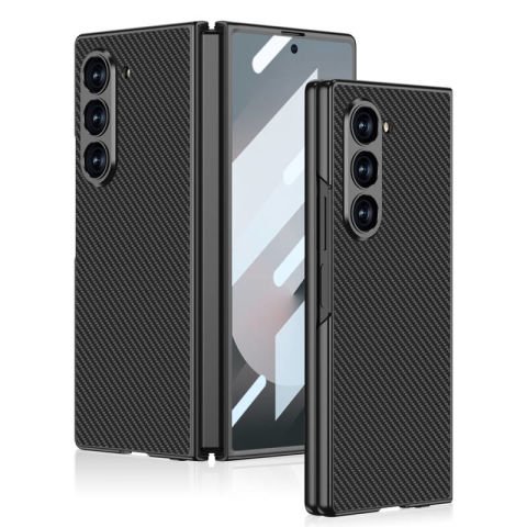 Galaxy Z Fold 6 Kılıf Karbon Fiber Tasarımlı Titanyum Metal Patinda Kıpta Caz Kapak