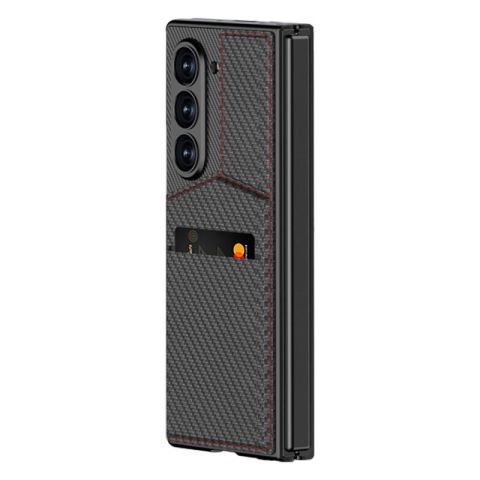 Galaxy Z Fold 6 Kılıf Karbon Fiber Kartlıklı Patinda Kıpta Dik Açılan Kartlıklı Kapak