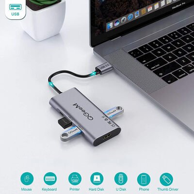 Qgeem QG-UH07-A Type-C Çoğaltıcı ve Dönüştürücü Hub Usb 3.0 HDMI 4K SD Kart 85W 5120Mbps