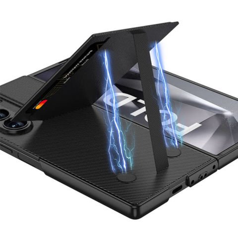 Galaxy Z Fold 6 Kılıf Karbon Fiber Deri Kartlıklı Patinda Kıpta Dik Açılan Kartlıklı Kapak