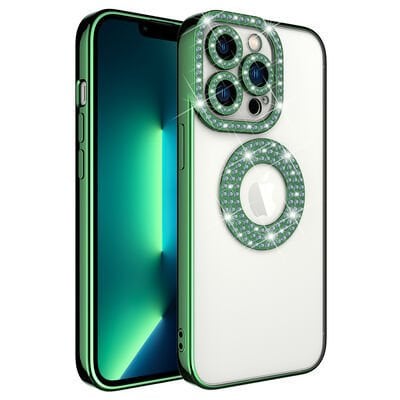 Apple iPhone 13 Pro Kılıf Kamera Korumalı Taş Süslemeli Arkası Şeffaf Patinda Asya Kapak