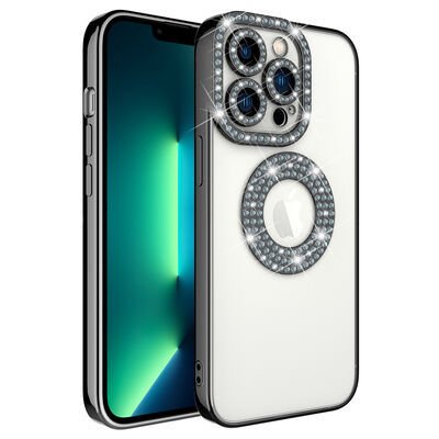 Apple iPhone 13 Pro Kılıf Kamera Korumalı Taş Süslemeli Arkası Şeffaf Patinda Asya Kapak