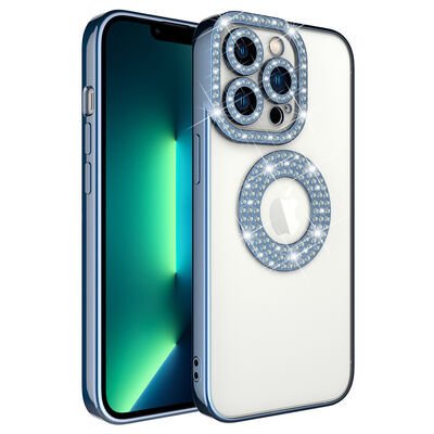 Apple iPhone 13 Pro Kılıf Kamera Korumalı Taş Süslemeli Arkası Şeffaf Patinda Asya Kapak