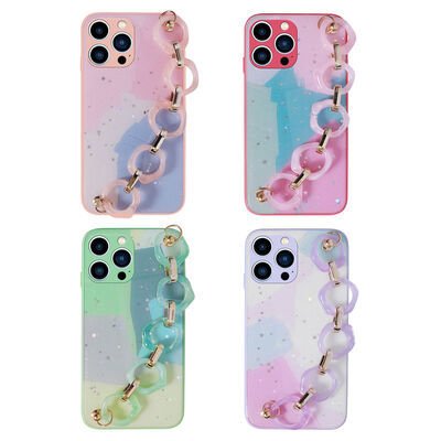 Apple iPhone 13 Pro Kılıf Simli Desenli El Askılı Tutacaklı Patinda Elsa Silikon Kapak