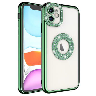 Apple iPhone 11 Kılıf Kamera Korumalı Taş Süslemeli Arkası Şeffaf Patinda Asya Kapak