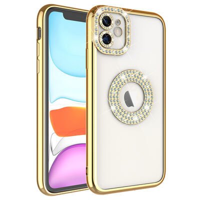 Apple iPhone 11 Kılıf Kamera Korumalı Taş Süslemeli Arkası Şeffaf Patinda Asya Kapak